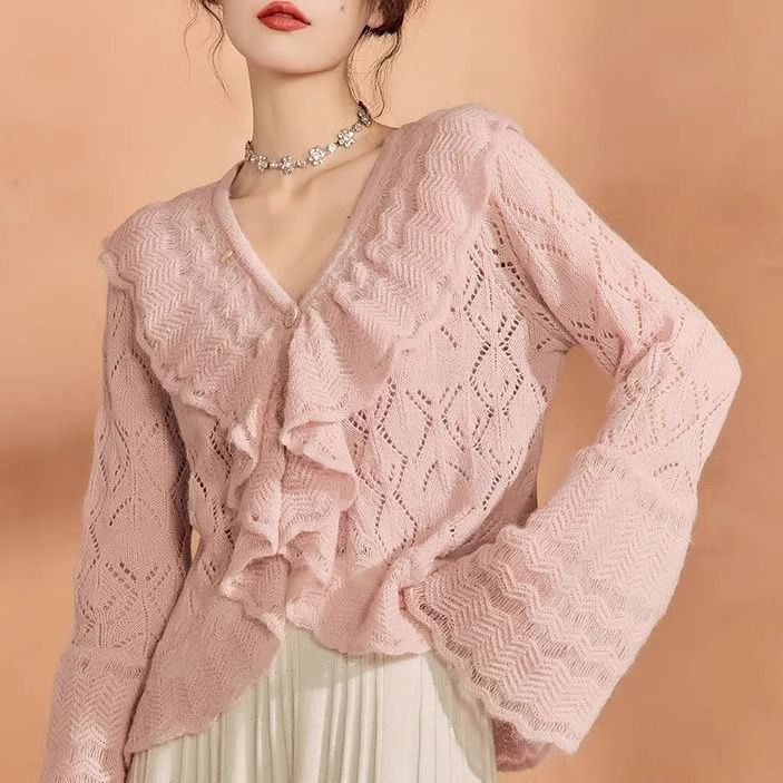 French Retro Hollow Out Knit Cardigan Women's Spring Autumn Unique Design Niche Loose Lazy Style Sweater