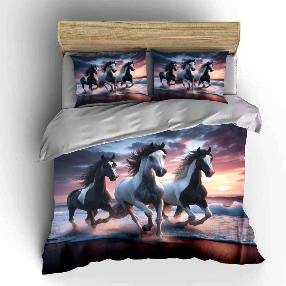 "Running Horses Sunset Decor" Soft Skin-Friendly Bedding Set Includes 1 Duvet Cover And 2 Pillowcase Gift
