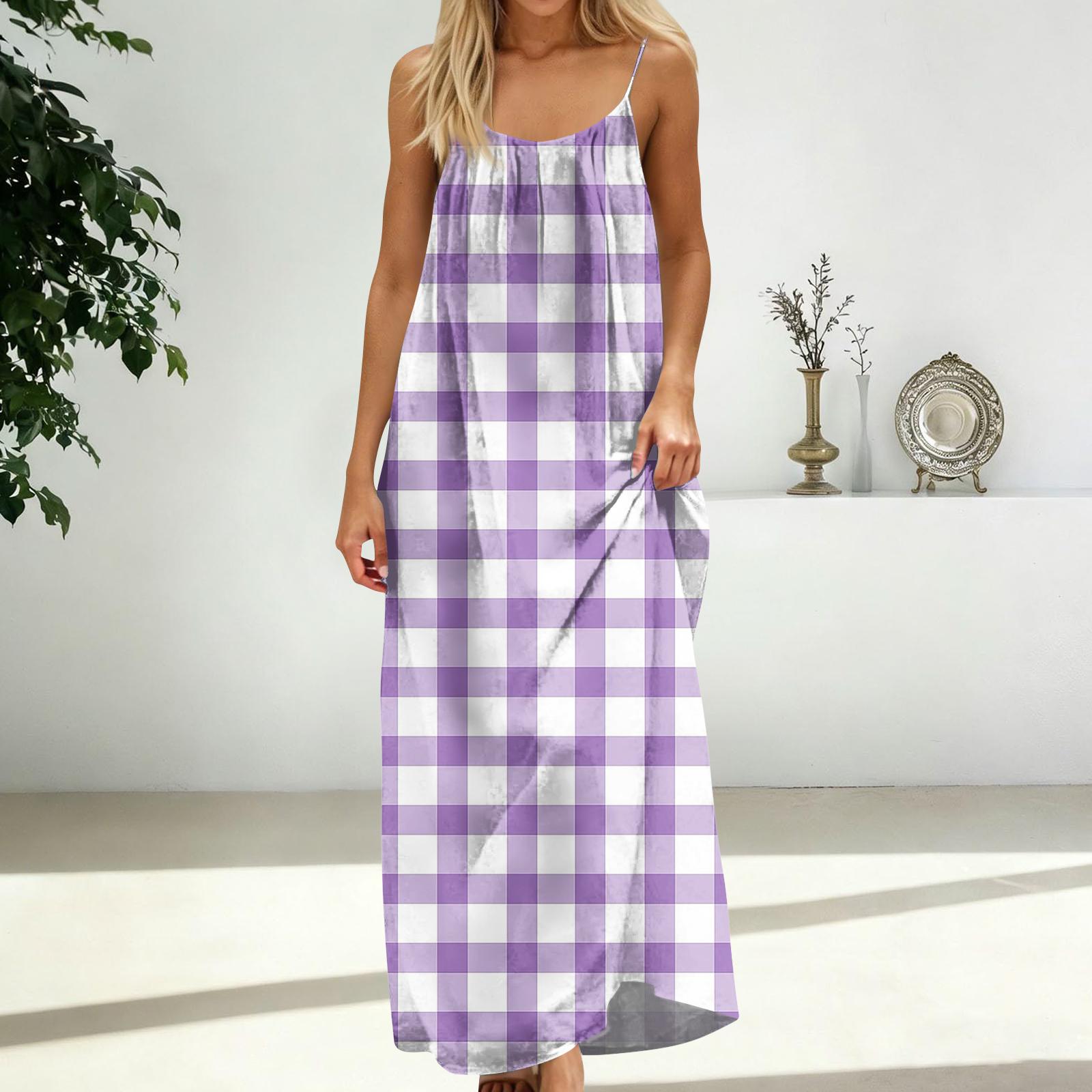 

Women s Fashion Backless Spaghetti Strap Casual Loose-Fit Plaid Print Dress S фіолетовий