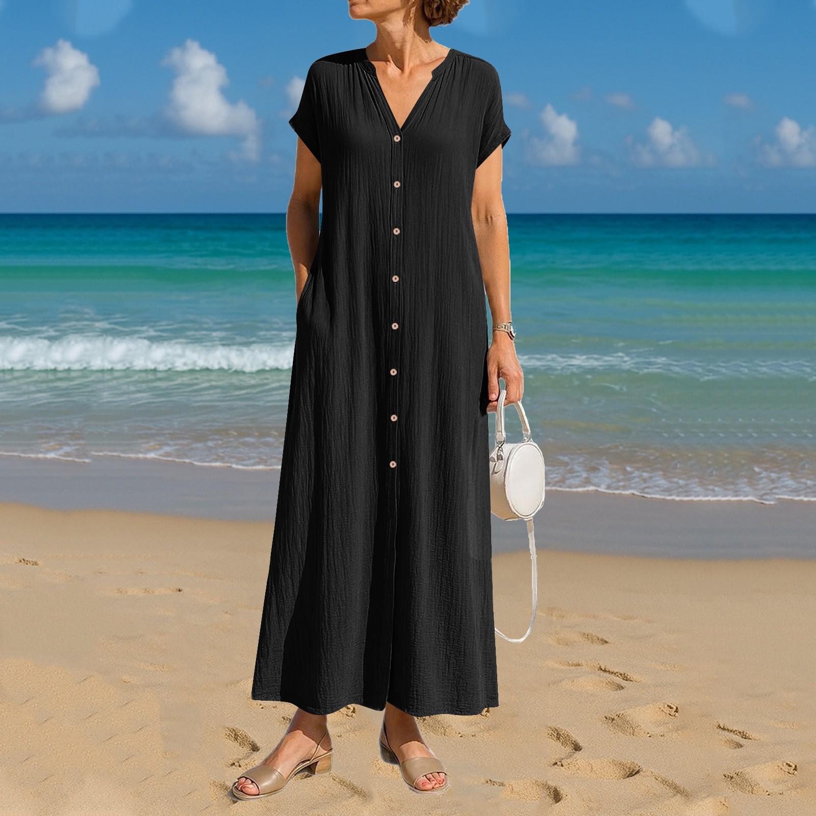 Women s Fashion Loose Color Cotton And Linen V-Neck Pocket Casual Dresses S