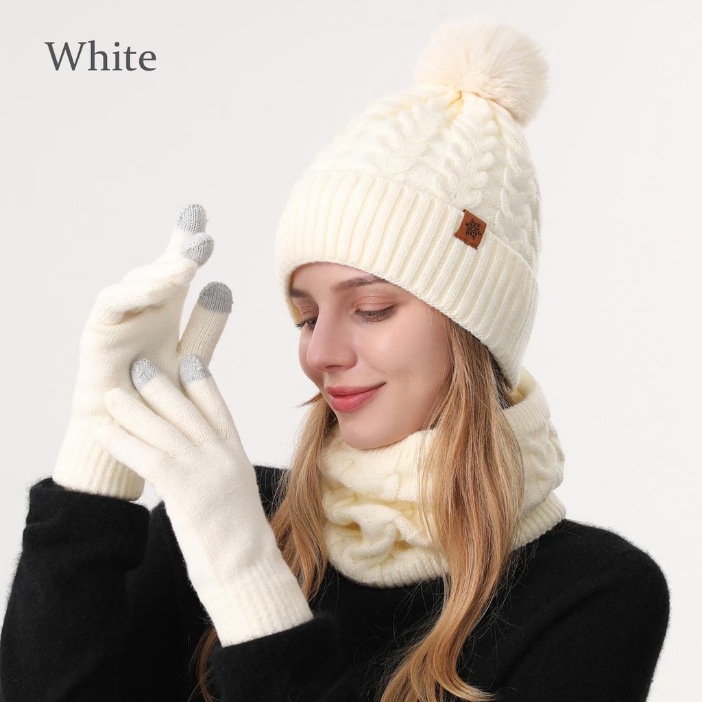 Classic Style Cold Weather Gloves Scarf Hat Three Piece Set for Winter Custom Logo Knit Beanie Ribbed Cuff Pom Pom Wool Blend