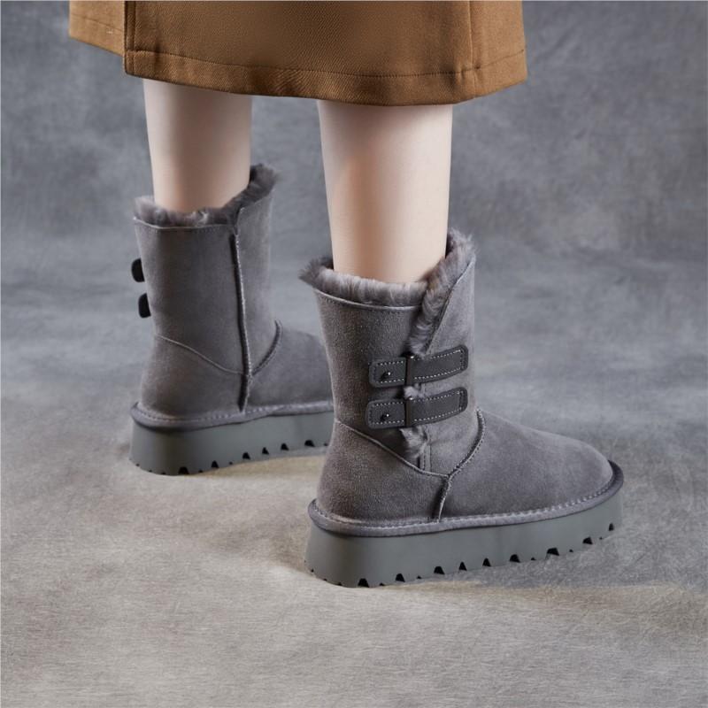 Johnature Wool Thick Soled Snow Boots Versatile Cow Suede Thickened Plush Warm Women's Mid-calf Boots
