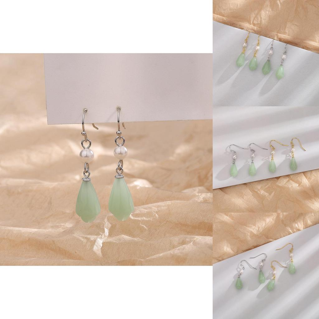 Vintage Pearl Copper Earrings For Women Retro Style Women's Ear Drops With Tianshan Jade Lotus Flower Design