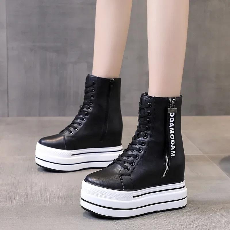 

Модная женская обувь на платформе, Дизайнерские оригинальные женские ботинки-кроссовки с высоким верхом, Кожаные ботильоны на массивной толстой подошве со шнуровкой и молнией 34