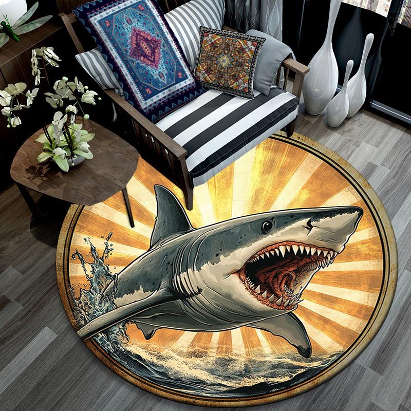 Great White Shark Round Area Rug,Carpet Rug for Living Room Bedroom Sofa Playroom Decor,Non-slip Floor Mat