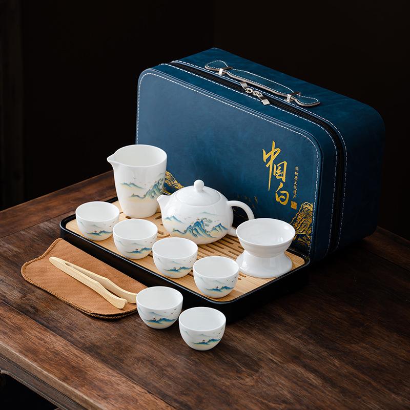 Suet Jade White Porcelain Tea Set Guochao Set Office Storage Kung Fu Tea Set Business Gift Tea Set