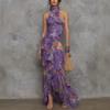 Women Purple Floral Print Halter Neck Maxi Dress Asymmetric Ruffled Slit Vacation Dress
