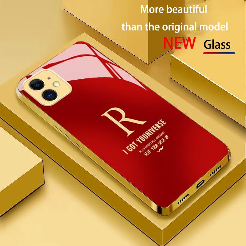 

Electroplated glass phone case letter R design golden frame For iPhone 17 Air 16 Pro 15 Pro Max 14 Plus anti-drop protection For iPhone 14