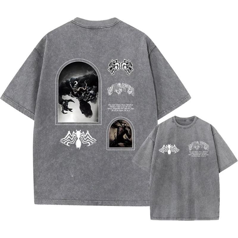 Men's Harajuku Casual Cotton Short Sleeve Washed T-Shirt Vintage Printed Street Hip Hop Retro Punk T Shirt Acid Wash TShirts Top
