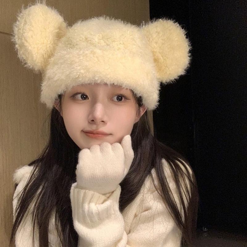 Furry Cartoon Bear Hat with Lovely Ear for Outdoor Sports Furry Hat with Ear Oversized Headgear Hat for Winter
