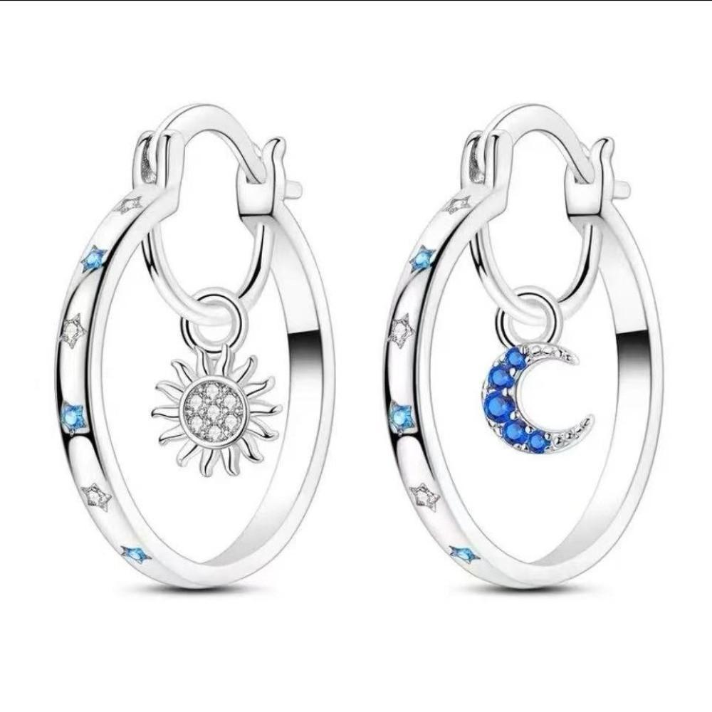 Zircon Sun Moon Earrings Elegant Earring Pendant Fashion Silver Hoop Earrings  Jewelry Accessories