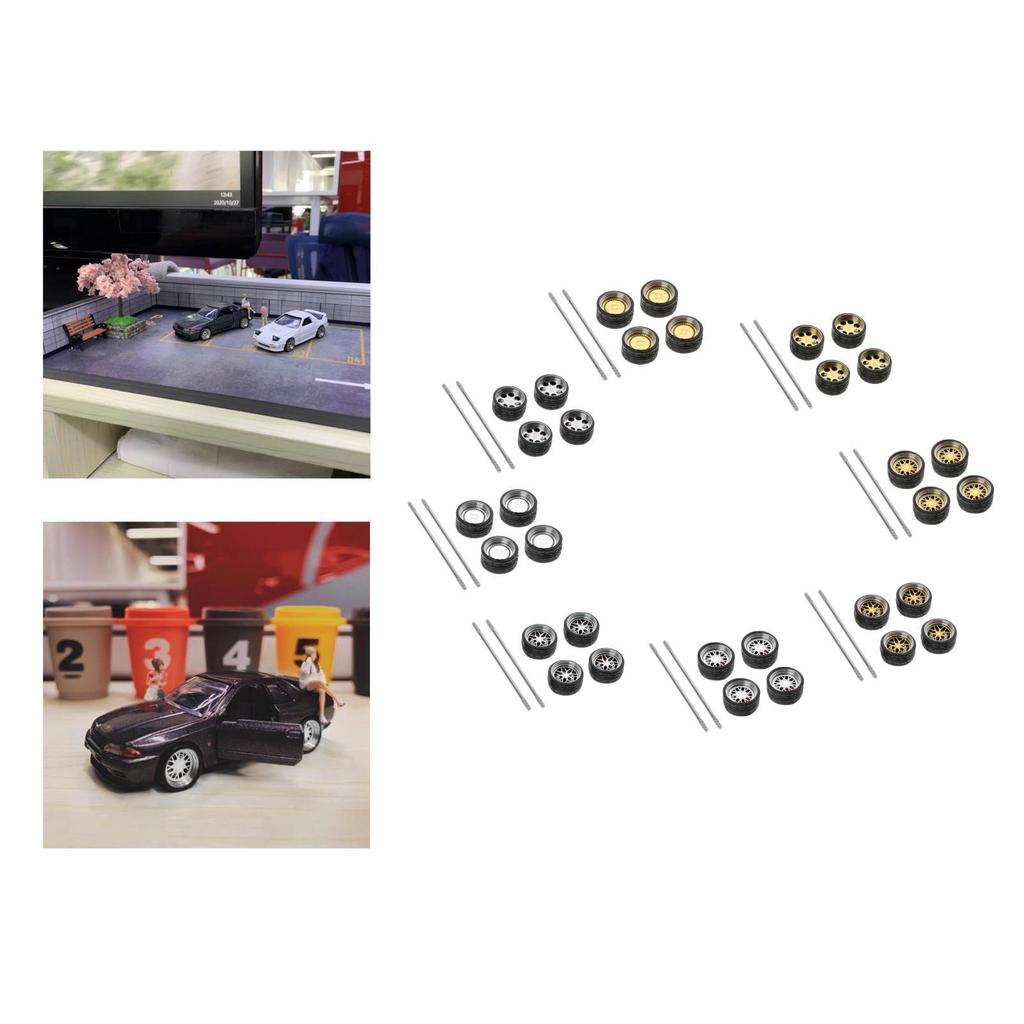 4Pcs/Set 1/64 Diecast Model Car Alloy Rubber Wheel & Tire Set Accessory Replacement Spare Parts