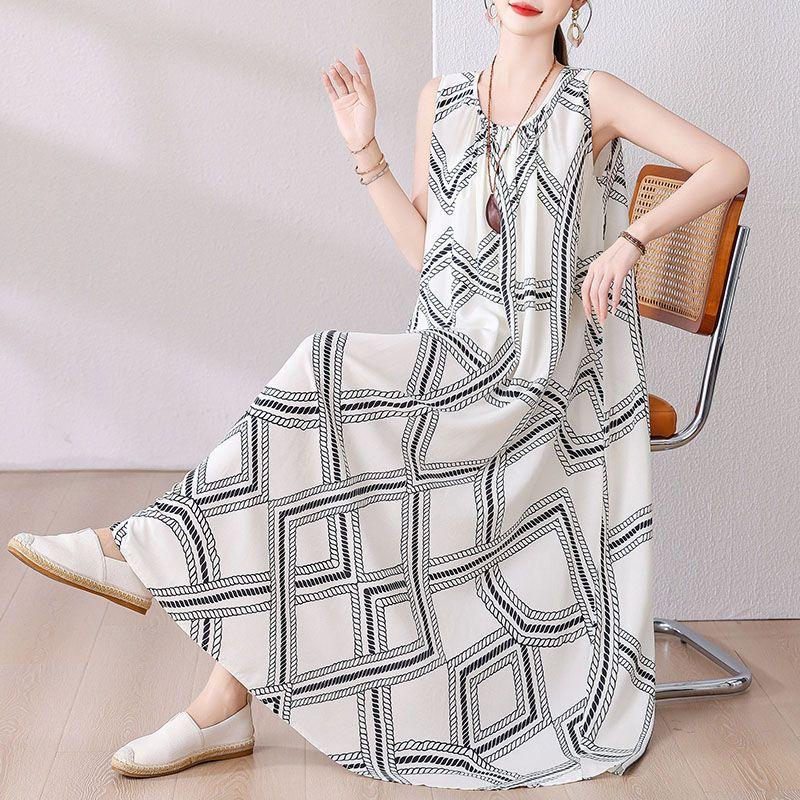 

2025 New Summer Cotton Silk Dress Fashion Vest Skirt Mid-Length over-the-Knee Sling Loose Plus size Long Skirt XL 22#