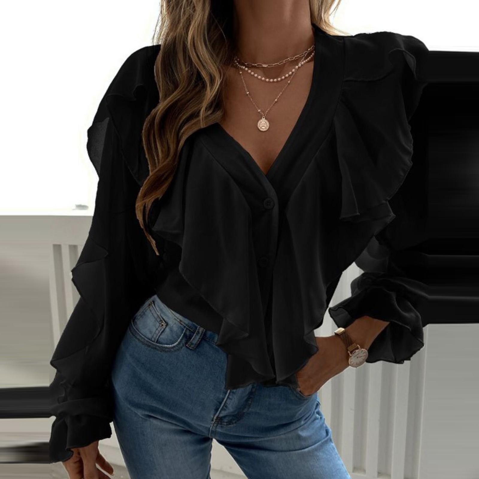 

Женская рубашка с V-образным вырезом и рукавами-бабочками, волнистым краем XXL