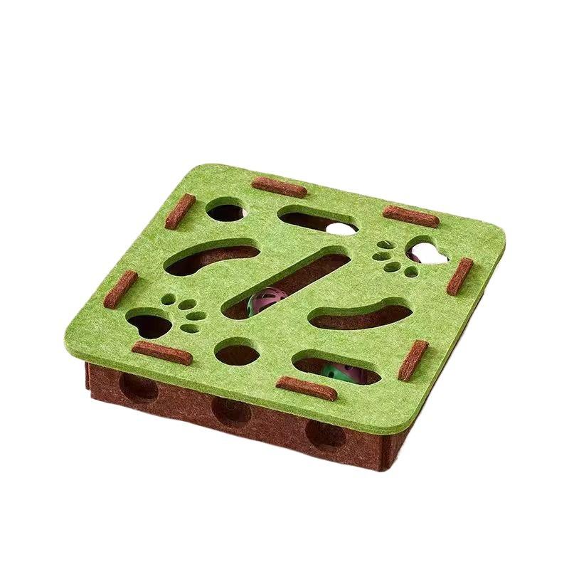 Cat Maze Felt Box with Teasing Ball Green Brown Square Maze Box [Includes 3 Toy Balls]