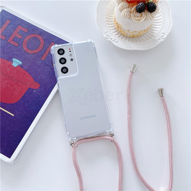 Crossbody Necklace Lanyard Cord Rope Transparent Case For Samsung S24 S23 S22 S21 Ultra S20 FE S10 Plus Shockproof Soft Cover