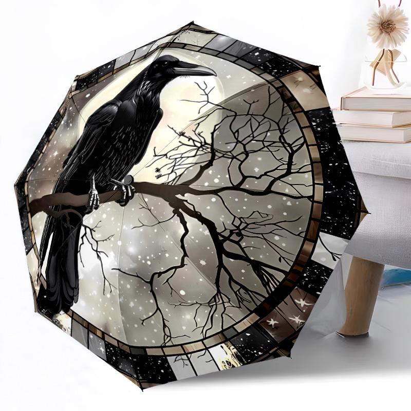 Stained Glass Raven Automatic Umbrella Sturdy 8-Rib Shaft Durable Plastic & Iron for Women/Men Elegant Umbrella Stylish Gift for Women