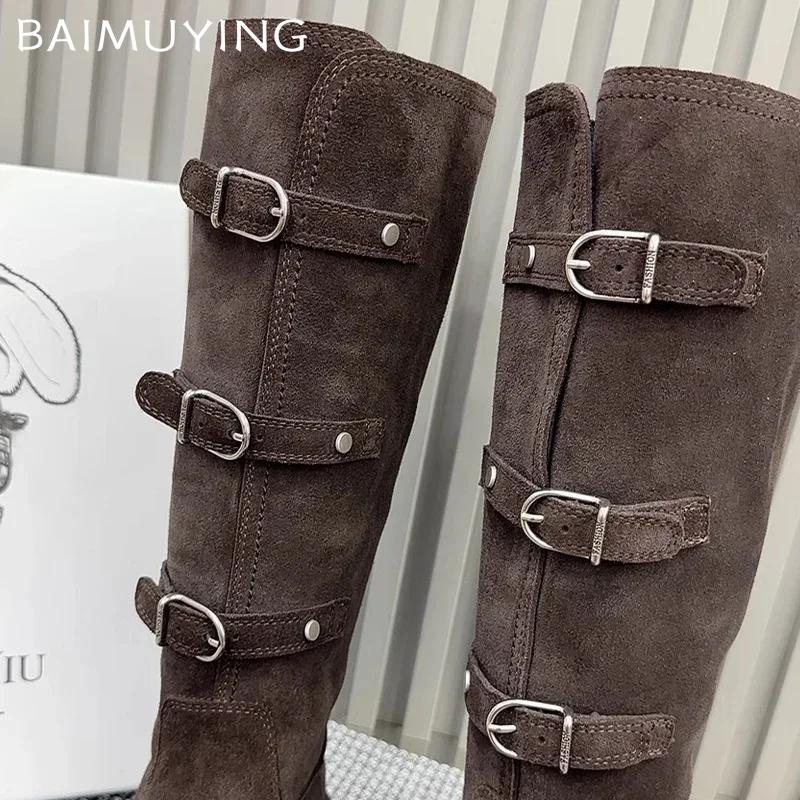 Flats Women High Boots Suede Buckle Fashion Shoes Knee High New Motorcycle Boots Winter Trend Designer Goth Botas De Mujer