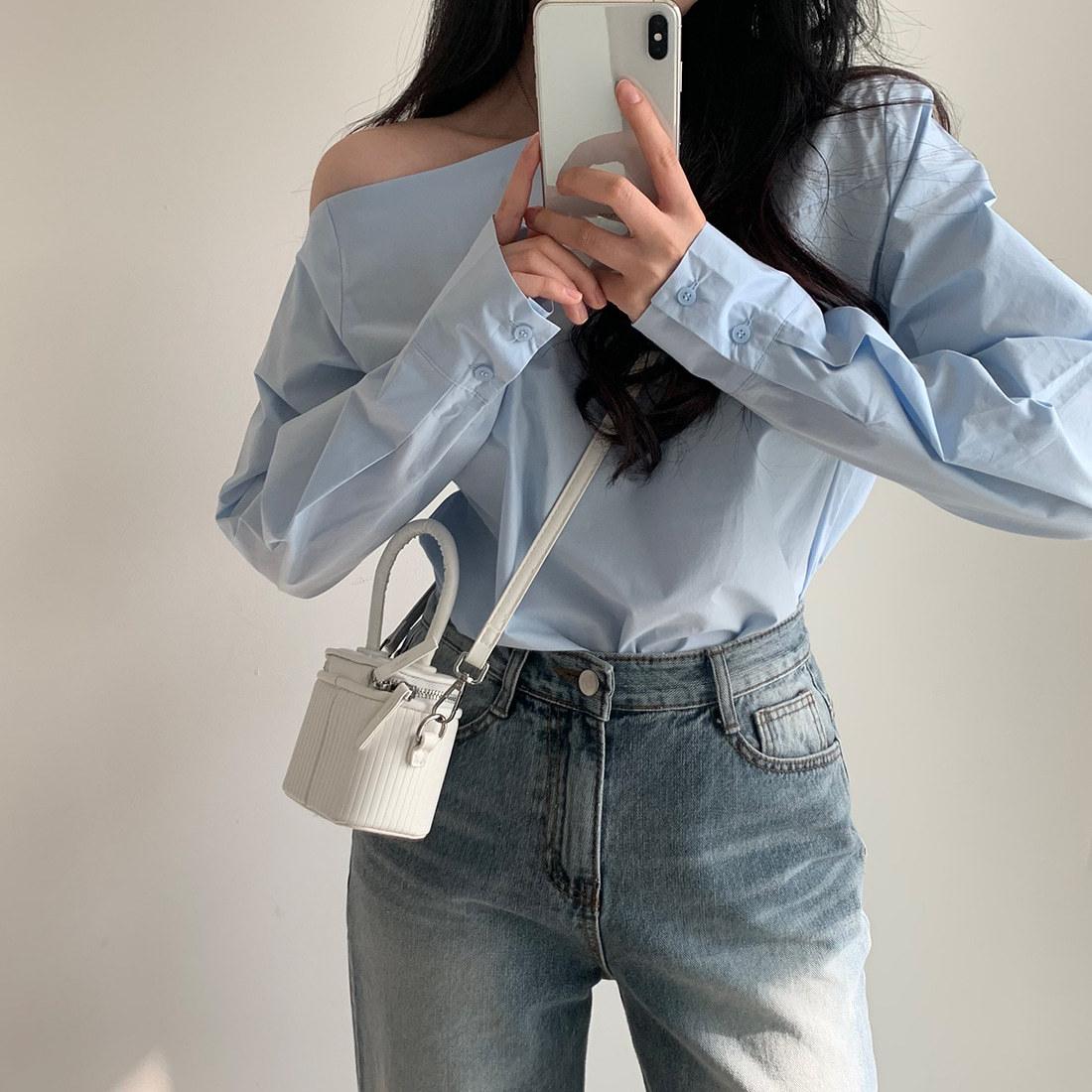 

Рубашка с открытыми плечами, женская сексуальная однотонная тонкая рубашка на одно плечо, летняя рубашка с длинными рукавами, дизайнерский топ XL синий