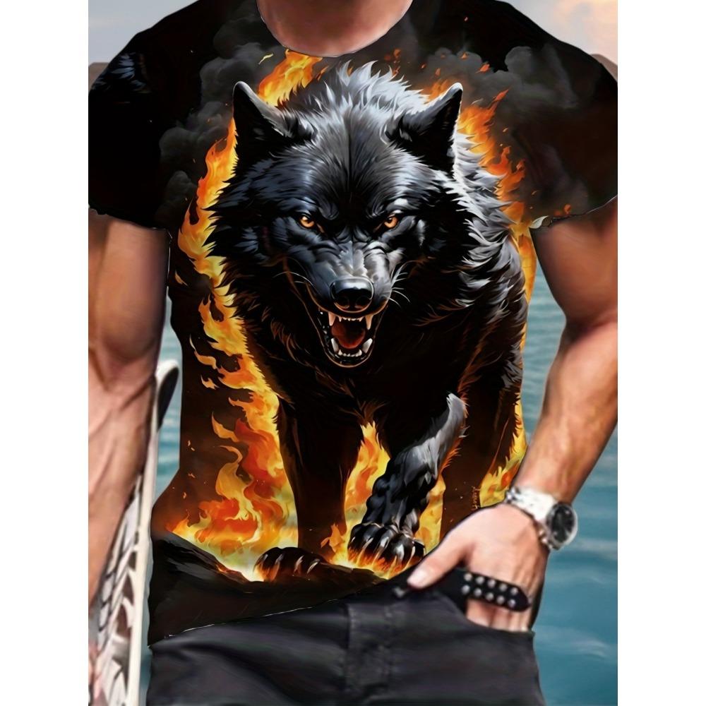 

Men s Fashion 3D Pattern Fire Wolf Pattern Printed T-shirt Summer Extra Large Casual T-shirt Men s Fitness Short Sleeve Top 2XL
