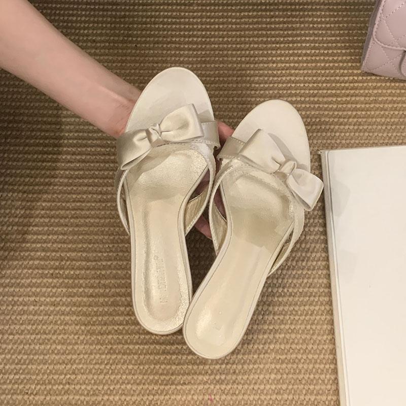 

Fashion Fashion Butterfly-Knot Ladies Low Heels Sandals Shoes New In Summer Round Toe Women Heeled Sandals Shoes Female Slides Pumps 35 бежевый