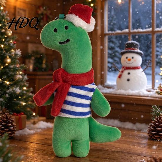 Green Red Plush Figurine Cute Christmas Dinosaur Doll Mini Stuffed Dino Toy with Santa Hat Decorative Accent for Windows & Scarf Soft Animal Holiday