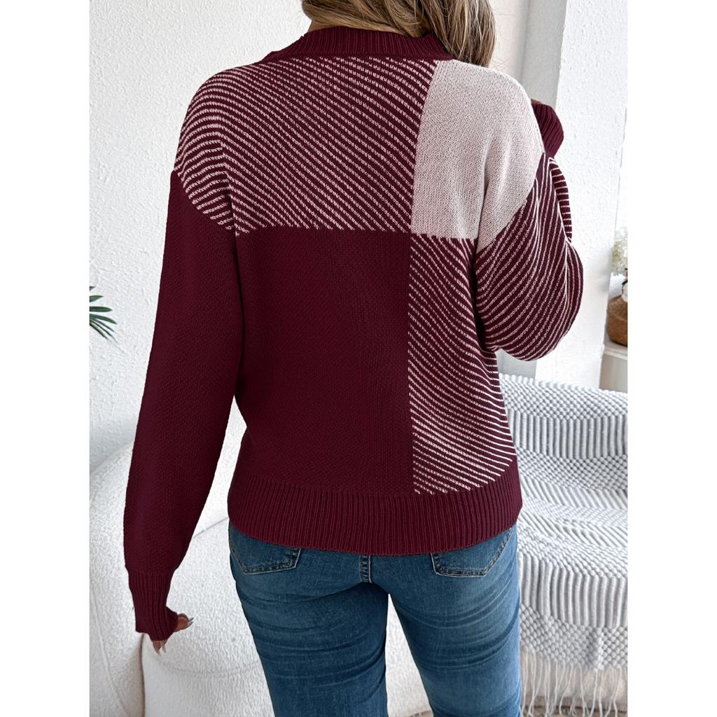 HNXC  Autumn and Winter Casual Checkered Long-sleeved Pullover Sweater for Women