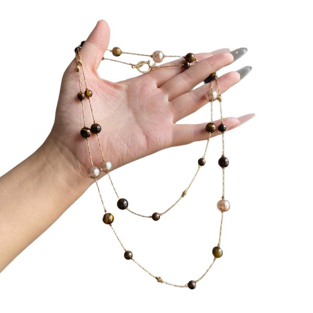 High-End Retro Tiger Eye Pearl Sweater Necklace for Women