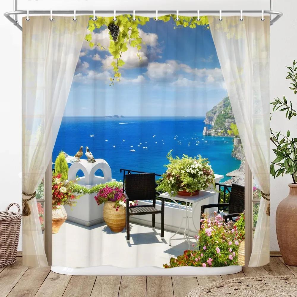 

3D Roman Column Palace Sea View Shower Curtain Green Palm Tree Lake Landscape Bathroom Decor Bath Curtain Polyester Fabric Hooks 150x180cm-60x70in