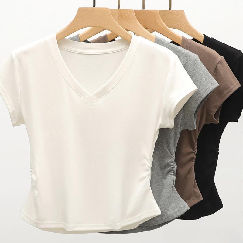 Vară Tricou Slim Fit cu decolteu în V cu mâneci scurte Culoare uni Top casual pentru femei