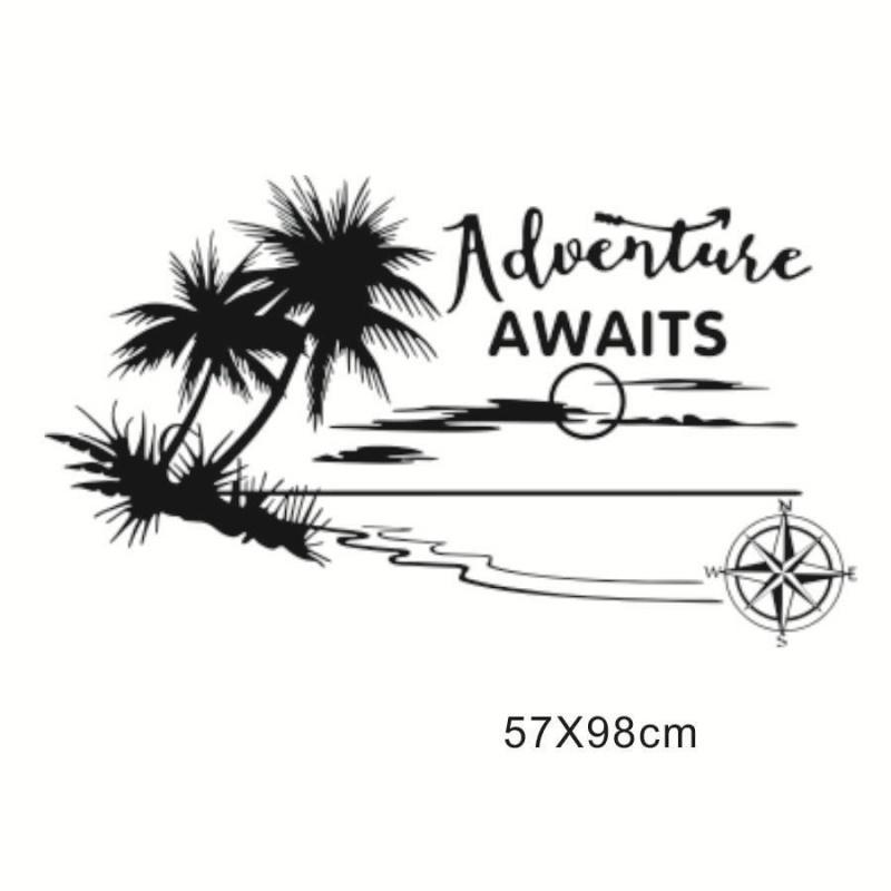 Stripes Graphics (Two side)+Back Body Coconut Tree Style Vinyl Graphics Kit Decals Car Stickers for Caravan Travel Trailer Camper Van