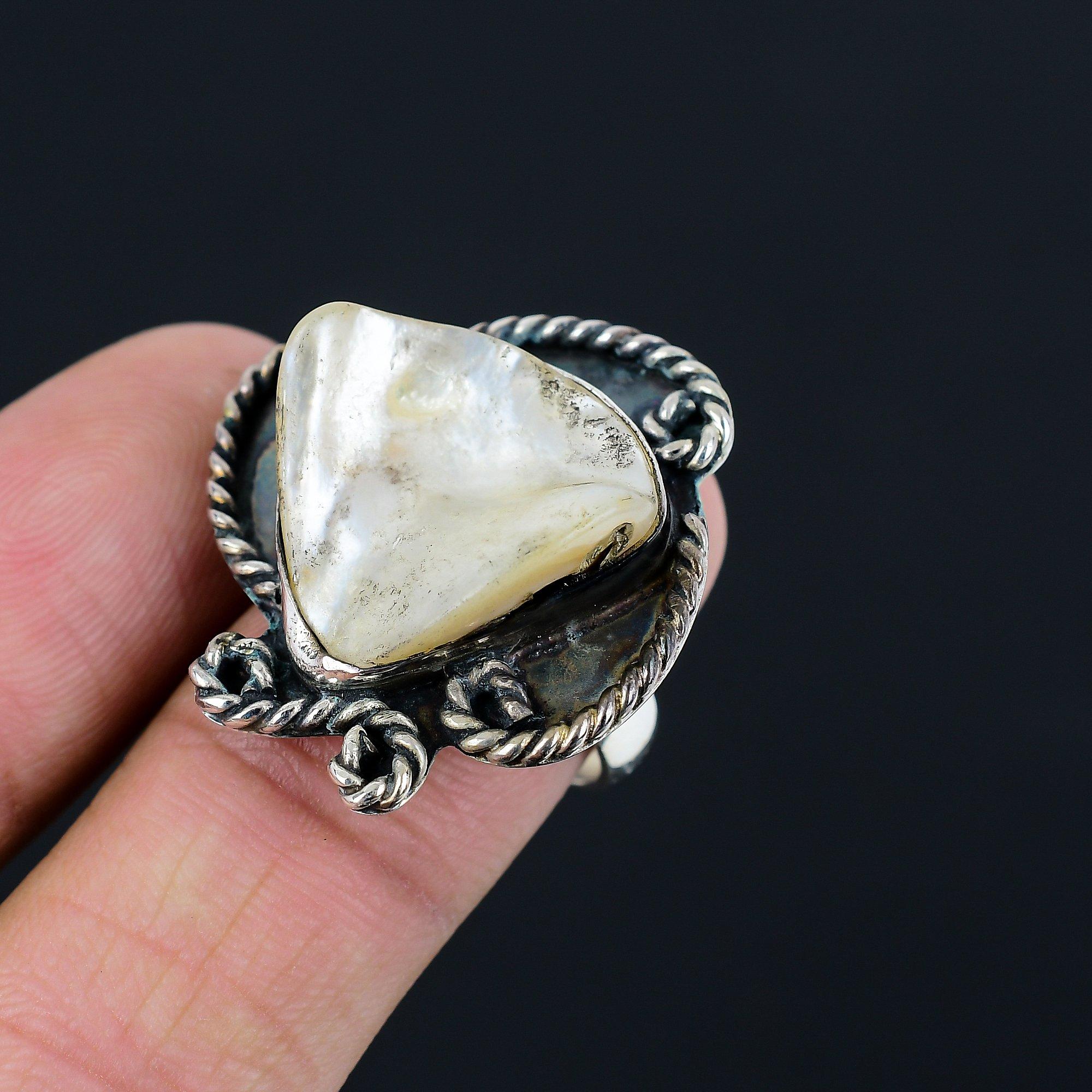 Friendship Day Deal Trillion Mother Of Pearl Gemstone Solitaire Ring 925 Silver 9