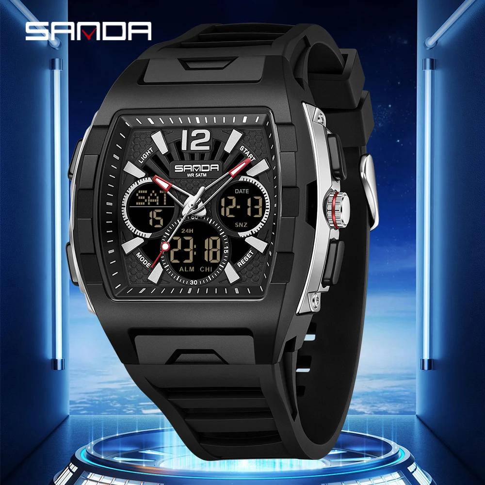 SANDA 3396 Fashion Electronic Watches for Man Dual Display Students Luminous Alarm Clock Sports Waterproof LED Digital Watch