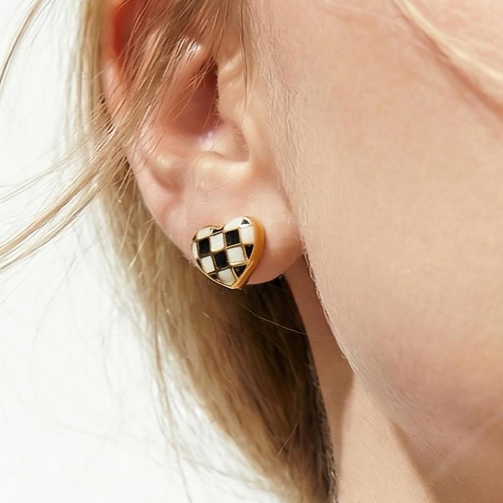Checkerboard Heart Enamel Stud Earrings - European & American Fashion, Stainless Steel
