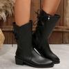 Fashion Sexy Solid Black Pu Mid Calf Riding Boots Women 2025 Winter Medium Heel Side Zip Western Booties Lace Bowknot Decoration Boots