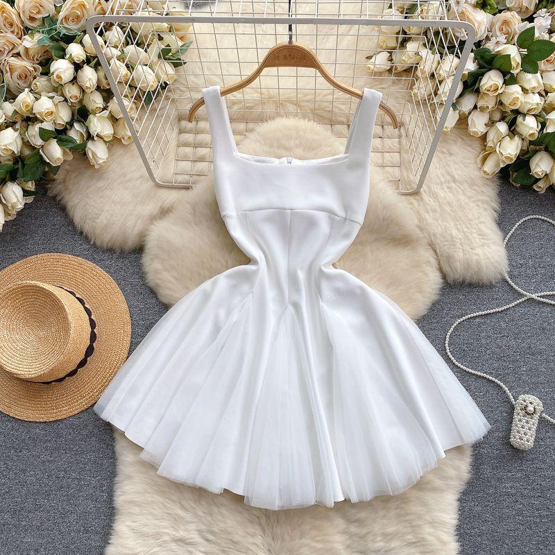 

Fancy Small Dress Socialite Classy Niche Style Pettiskirt Elegant Square Collar Slimming Short Elegant Dress Dress White M
