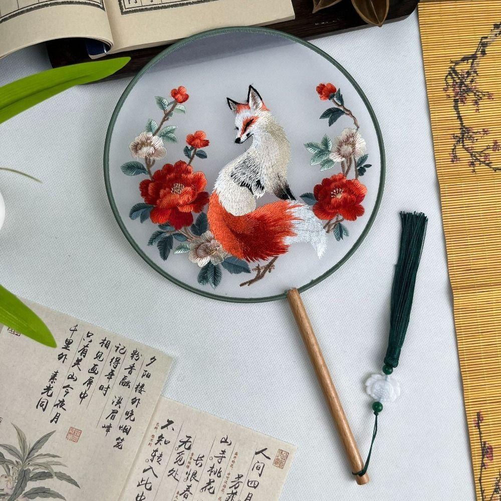 Chinese Style Double Sided Embroidery Fan Long Handle Classical Vintage Hand Fan with Tassel Semi-Transparent