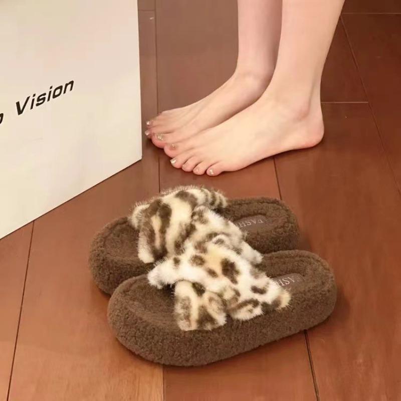 Thick Bottom Heightened Leopard Print Fluffy Slippers Women's Autumn and Winter New Design Sense Niche Cross Casual Cotton Slippers Tide