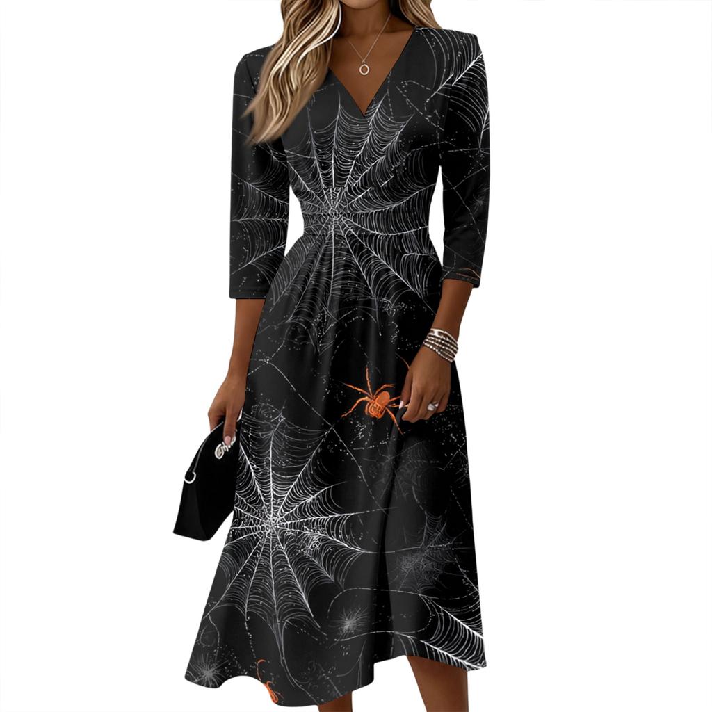 Women's Casual Three-Quarter Sleeve V-Neck Dress with Back Zipper for Stylish Everyday Wear