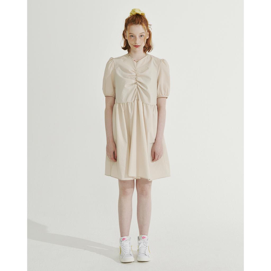 BETWEEN A AND B V-Neck Shirred Mini Dress [Beige]