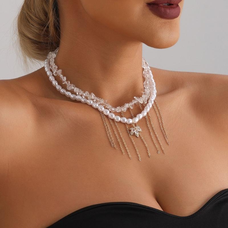 Vintage Pearls Tassels Choker Necklace for Women Elegant Neck Chain Handmade Layered Statement Jewelry Gift