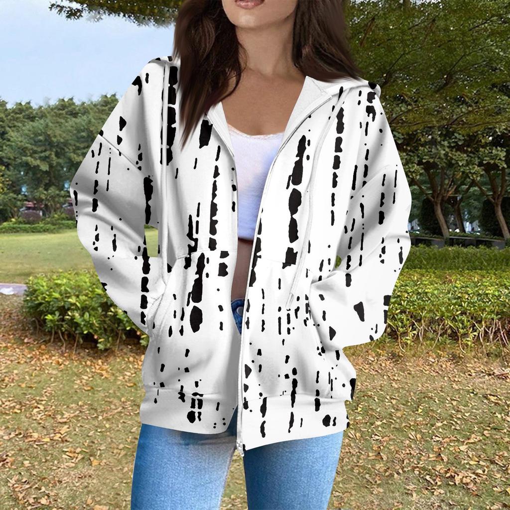 Sudadera con capucha para mujer, informal, de manga larga, con cremallera, estampado de lunares y rayas, ligera, para uso interior y exterior