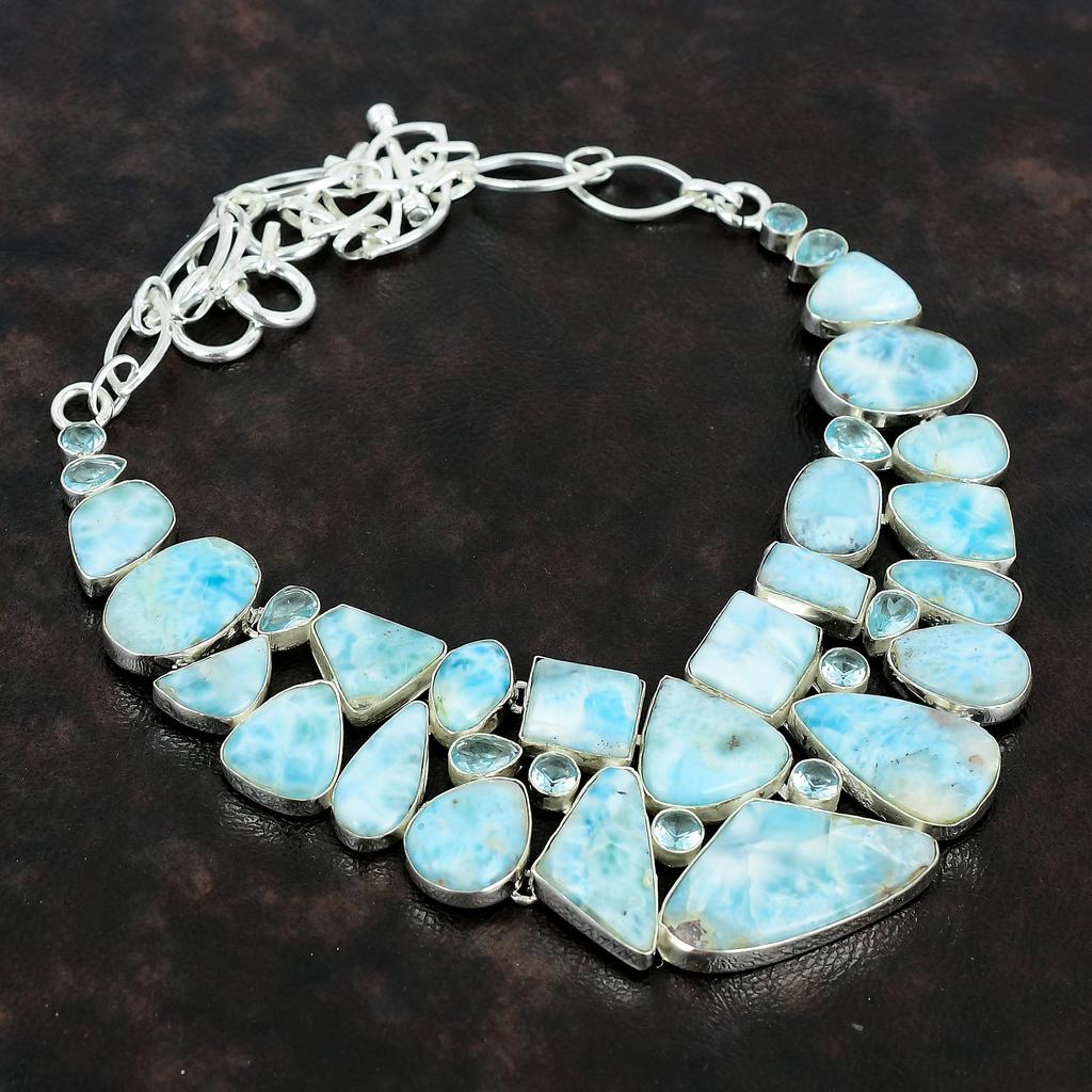 Larimar Gemstone Handmade 925 Sterling Silver Jewelry Necklace 18" AMN-648