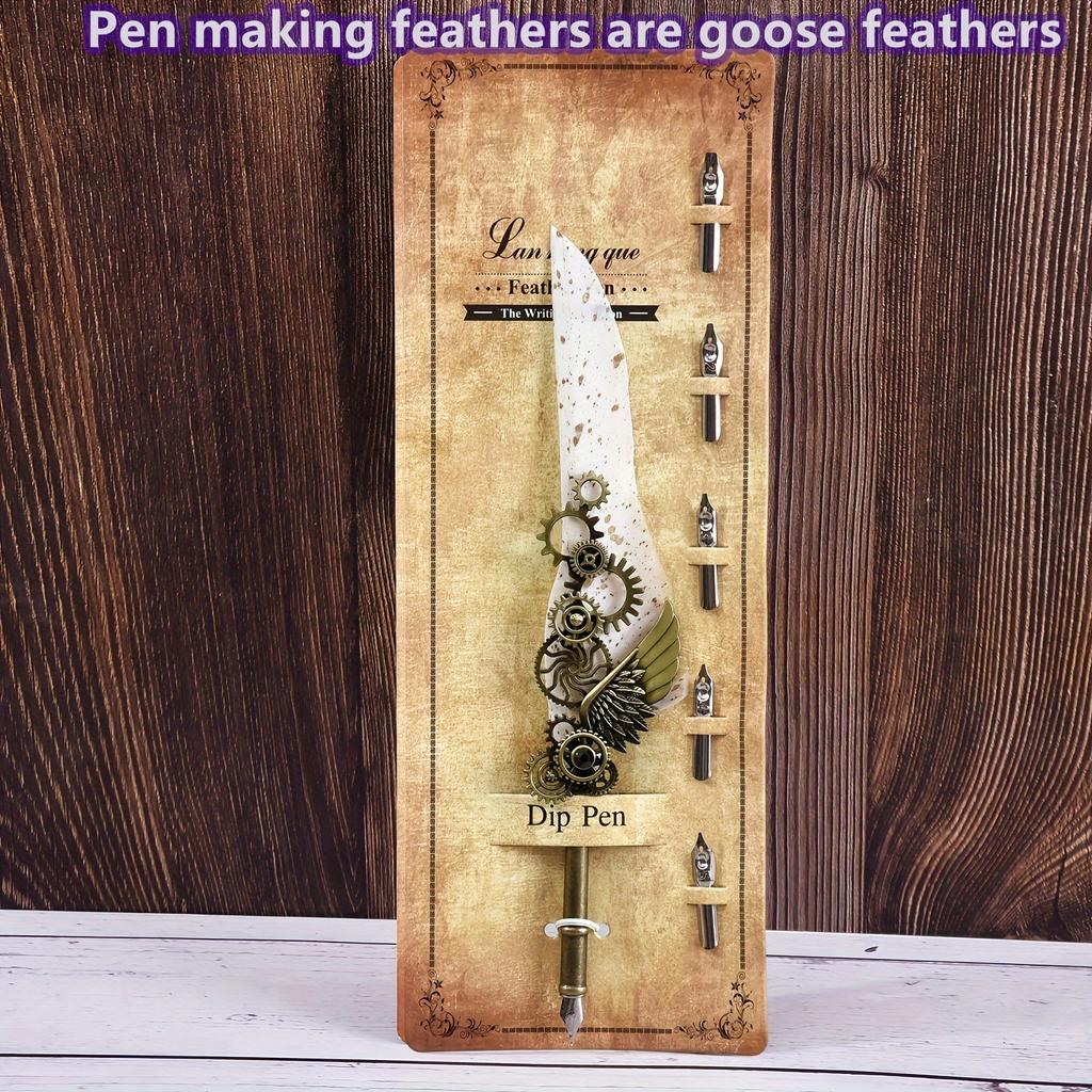 Ambidextrous Mechanical Calligraphy Pen with 5 Personalized Metal Tips, Medium Point, Round Body, Decorative European Retro Feather Quill for Beginner
