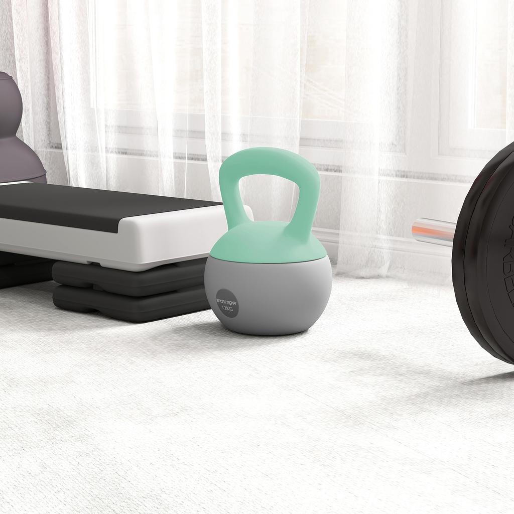 Kettlebell, 12 Kg, Sand Filled Metal, Non-Slip Handle, 21 X 21 X 30 Cm, Green and Grey