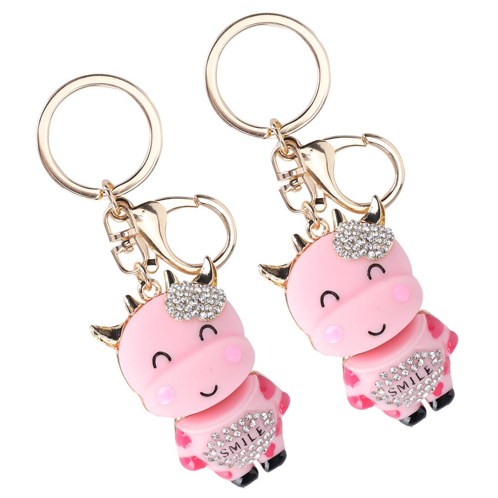 2Pcs Keychain Pendant Cartoon DiamondStudded Resin Small Cow Shape Metal Key   Decoration(White )