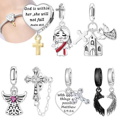 Originalcopper Golden Cross Heart Angel Black White Wings Jesus Pendant Beads Fit Bracelet Women Jewelry Making Gift Diy