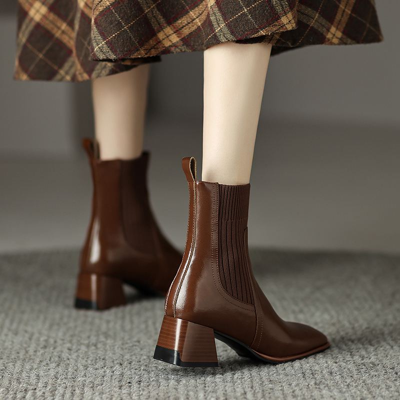 Krazing Pot Cow Skin Autumn Winter Shoes Thick Med Heels Size 43 Western Boots Slip on Stretch Knitwear Ankle Boots