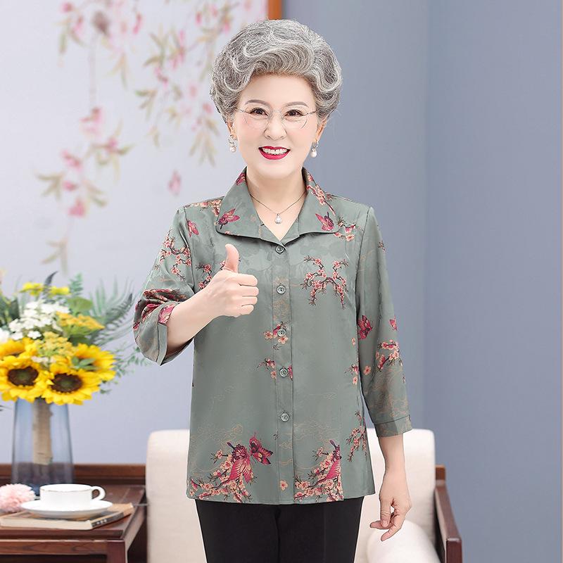 

Grandma s Mid-Sleeve Turn-Down Collar Summer Top for 70-80 Year-Olds - Casual Shirt for Middle-Aged and Elderly Women XL (recommended 90-105 jin)