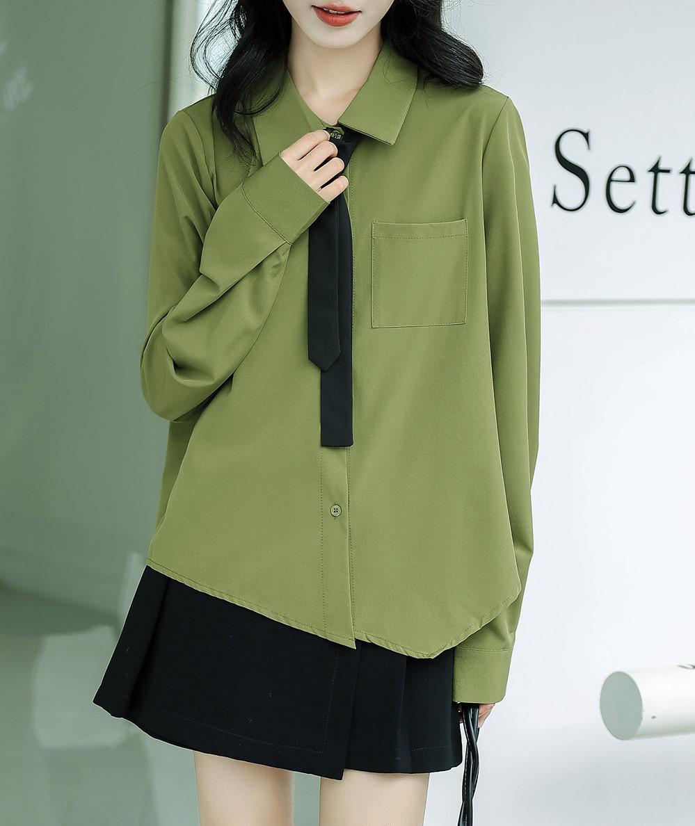 

2025 Ранняя весна Женская рубашка с длинным рукавом однотонная в стиле колледжа с галстуком - Отбеливающий дизайн S зелёный